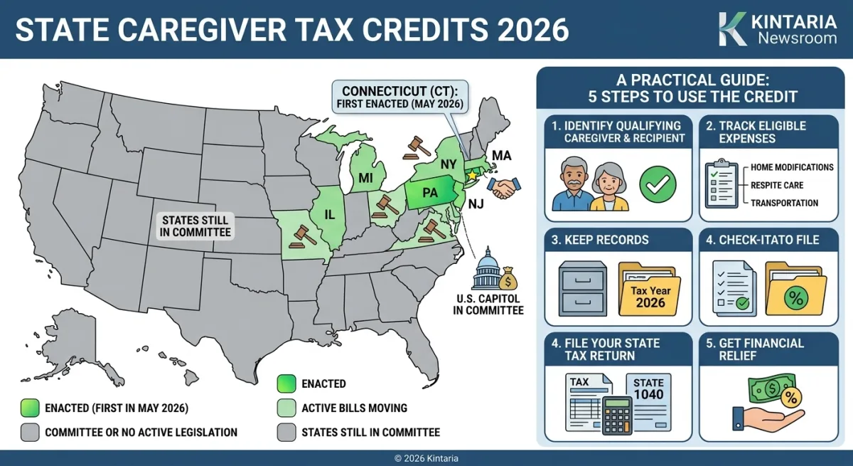 Illustrated US map of state family-caregiver tax credit status in 2026: Connecticut enacted (first), with active bills in PA, MA, NJ, IL, MI, NY and others; most states still in committee or with no active legislation. Right panel: a five-step caregiver checklist to use the credit — identify qualifying caregiver and care recipient, track eligible expenses (home modifications, respite care, transportation), keep records, file your state tax return, get financial relief.