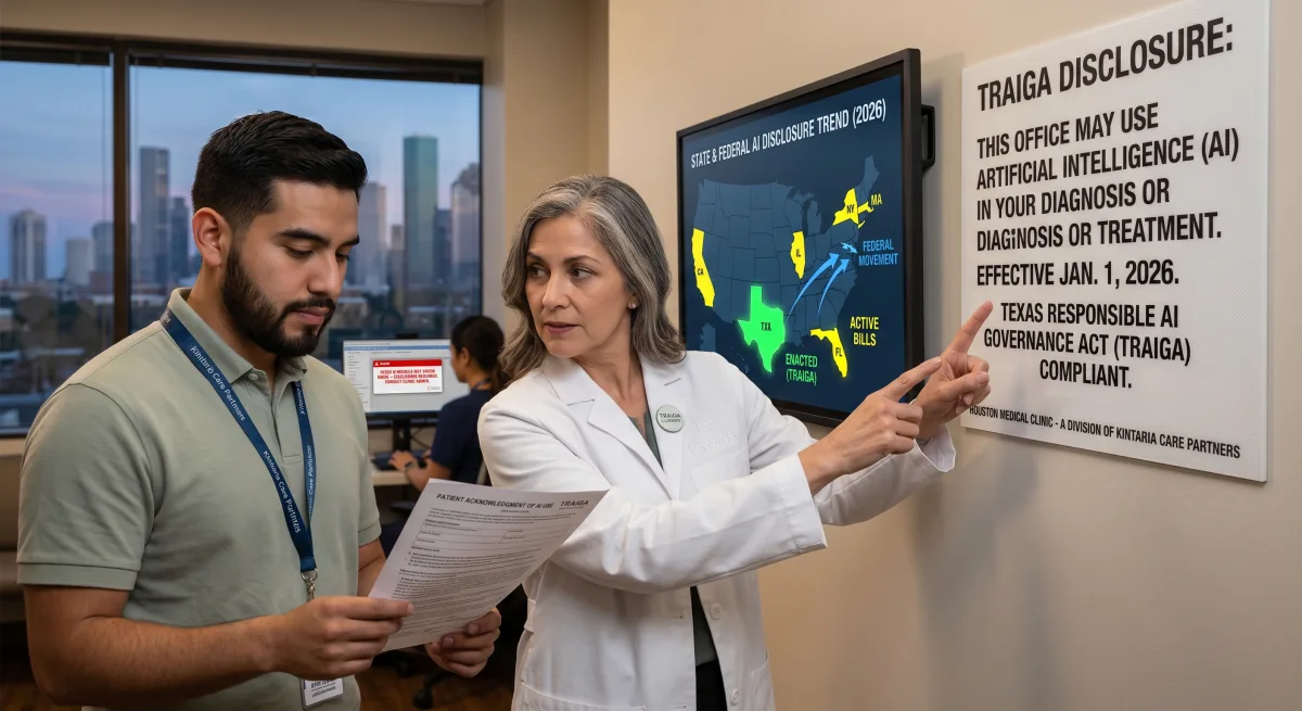 A doctor in a clinic exam room points to a posted sign reading TRAIGA DISCLOSURE: THIS OFFICE MAY USE ARTIFICIAL INTELLIGENCE (AI) IN YOUR DIAGNOSIS OR TREATMENT — EFFECTIVE JAN. 1, 2026 — TEXAS RESPONSIBLE AI GOVERNANCE ACT (TRAIGA) COMPLIANT. A patient holds a paper titled PATIENT ACKNOWLEDGMENT OF AI USE. In the background, an EHR screen shows a red software alert: AI DISCLOSURE REQUIRED — MODULE NOT TRAIGA READY. A US map labeled FEDERAL/STATE TREND shows momentum spreading.