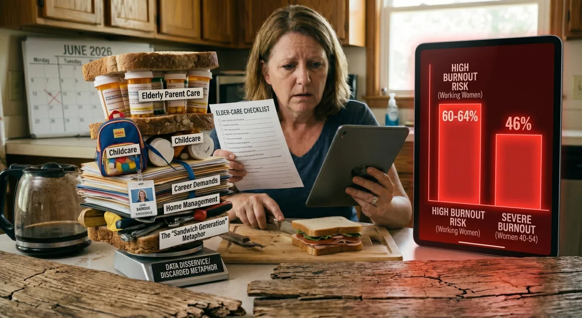 A worn-looking middle-aged woman at a cracked wooden cutting board holds an elder-care checklist in one hand and a work-task tablet in the other. In front of her, an enormous sandwich is layered with bread, pill bottles, a child's backpack, paperwork, and a work badge — labels reading ELDERLY PARENT CARE, CHILDCARE, CAREER DEMANDS, HOME MANAGEMENT. Two glowing red stat callouts overlay the scene: 60-64% OF WOMEN — HIGH BURNOUT RISK; WOMEN 40-54: 46% SEVERE BURNOUT. A small scale labeled DATA DISSERVICE / DISCARDED METAPHOR sits beside a tidy quaint sandwich, contrasting with the looming overloaded one.
