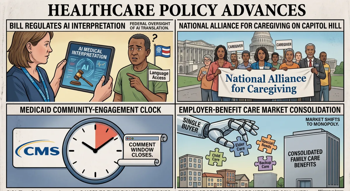 Four-panel illustrated newspaper-style spread titled HEALTHCARE POLICY ADVANCES. Top left: BILL REGULATES AI INTERPRETATION — a clinician shows a tablet labeled AI MEDICAL INTERPRETATION to a patient, with a Language Access flag and a gavel. Top right: NATIONAL ALLIANCE FOR CAREGIVING ON CAPITOL HILL — a group of caregivers in front of the US Capitol holding a National Alliance for Caregiving banner. Bottom left: MEDICAID COMMUNITY-ENGAGEMENT CLOCK — a CMS logo with a clock and a closing comment-window scroll. Bottom right: EMPLOYER-BENEFIT CARE MARKET CONSOLIDATION — a large hand labeled SINGLE BUYER picks up puzzle pieces (Elder Care, Child Care, Special Needs, Backup Care) outside a building labeled CONSOLIDATED FAMILY CARE BENEFITS.