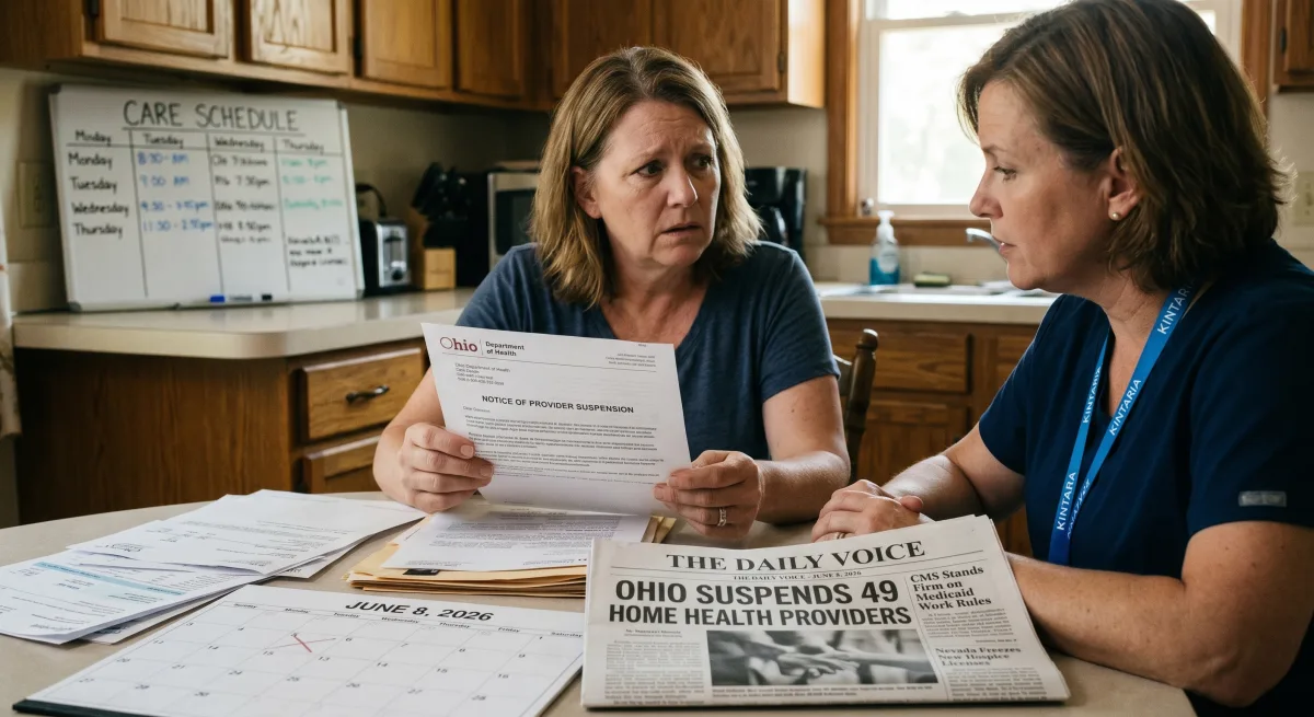 A worried family caregiver at a kitchen table reads an official Notice of Process Suspension beside a newspaper headlined OHIO SUSPENDS 49 HOME HEALTH PROVIDERS, with a weekly care schedule on the wall.